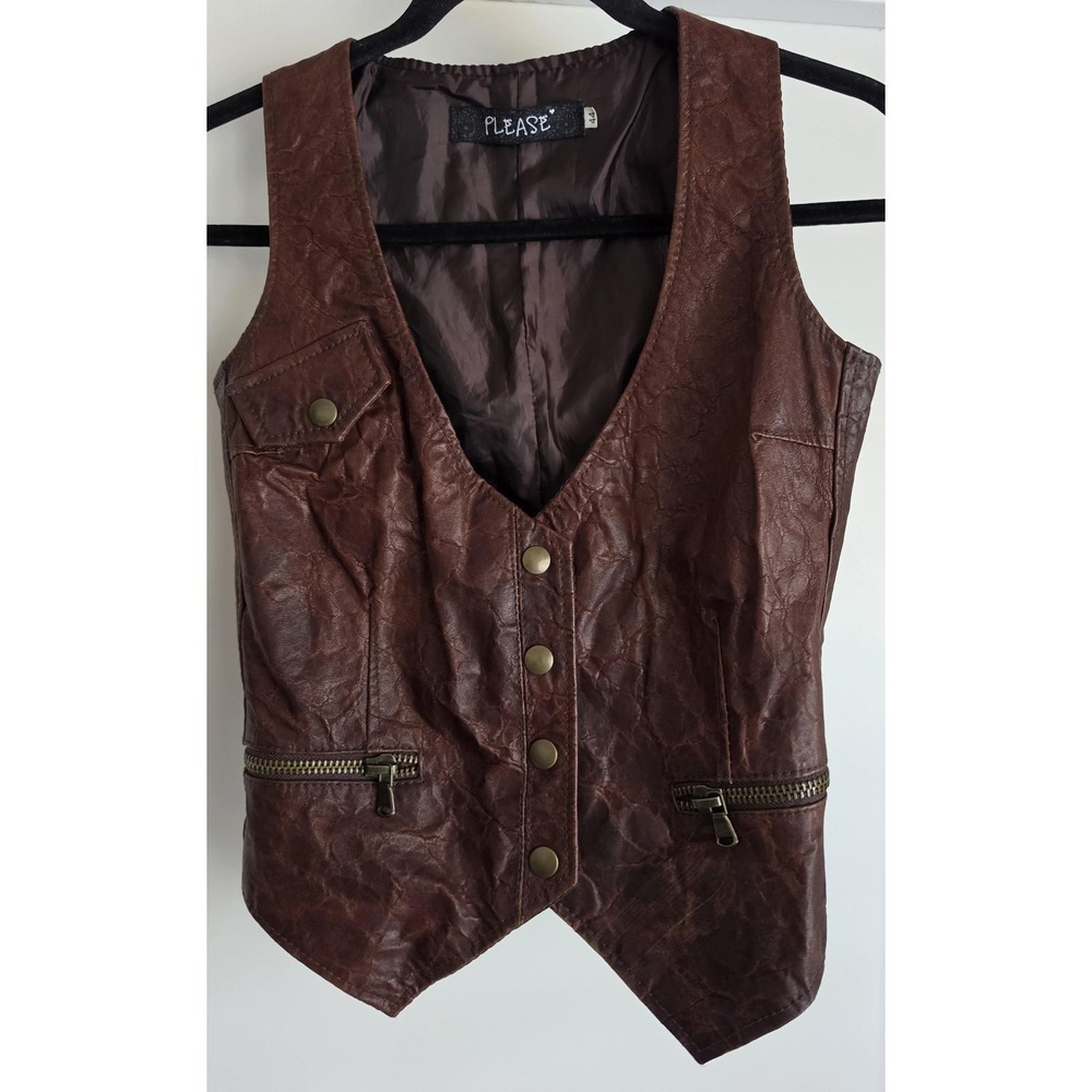 Please Italy Women Leather Vest Size 44 Brown Solid Sleeveless Western Festival